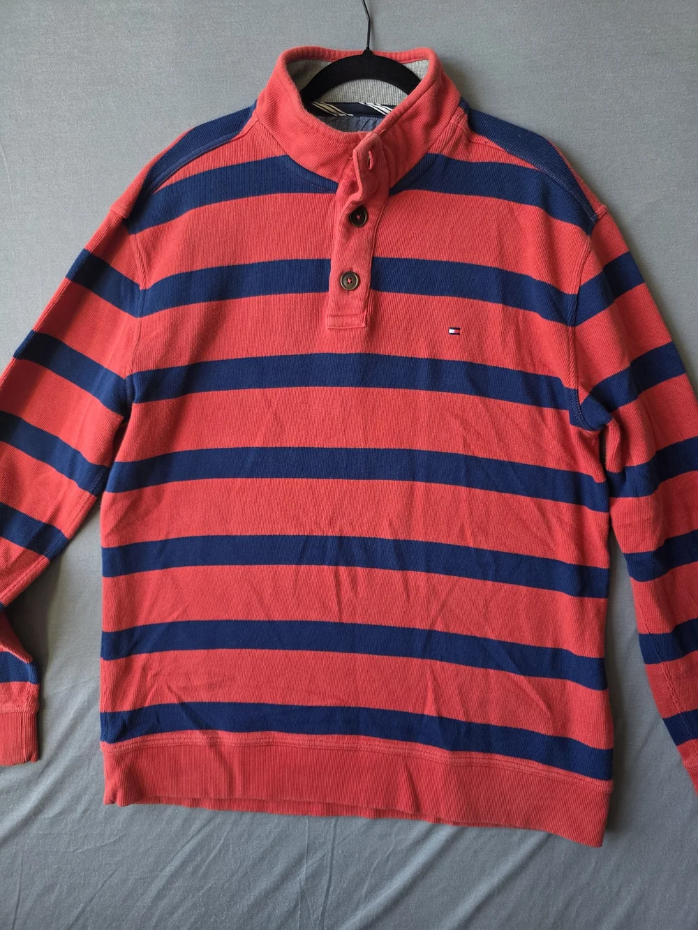 Tommy Hilfiger Men’s XXL Red Navy Striped Mock Neck Button Pullover Sweater